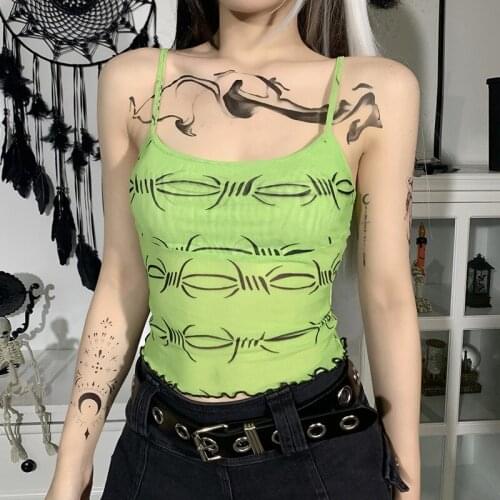 Y2k Goth Tops 2000s Aesthetic Cyber Y2k Green Print Crop Tops 2021 Summer Clothes Women Frill Short Sleeve Crop Top Femme Tops