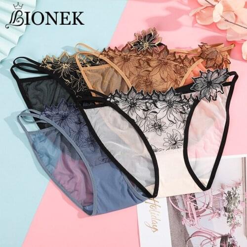BIONEK Woman Sexy Hollow Out Lingerie Jacquard Solid Color Ladies Underwear Transparent Embroidery Underpants Sexy Lace Panties