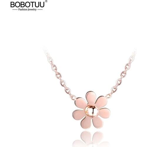 BOBOTUU Classic Stainless Steel Dazzling Daisy Flower Choker Neckalce Rose Gold Color Lovely Pendant Jewelry For Women BN17012