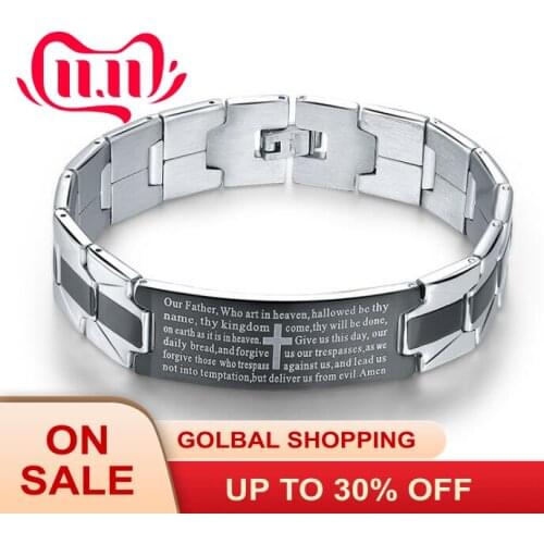 Bible Lords Prayer Bracelet Mens Black Cross Stainless Steel Bracelet