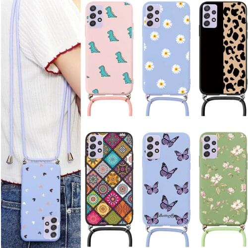 For Samsung Galaxy A52 A72 A32 Strap Cord Chain Case Funda For Samsung A 72 32 52 Crossbody Necklace Lanyard Flower Cover Flower