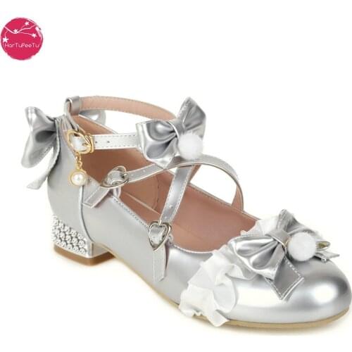 Spring Autumn Silver Golden Color Lolita Shoes Shiny Metallic Women Pumps Wedding Shoes Party Ladies with Lace Bow Drop Shipping