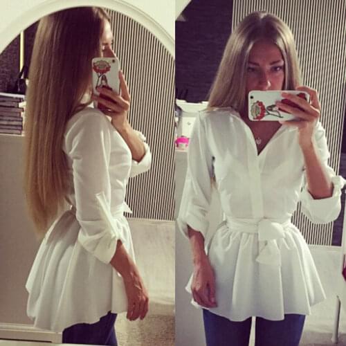 Women Long Sleeve Button Down Shirt Princess Blouse Top Casual Shirts with Belt
