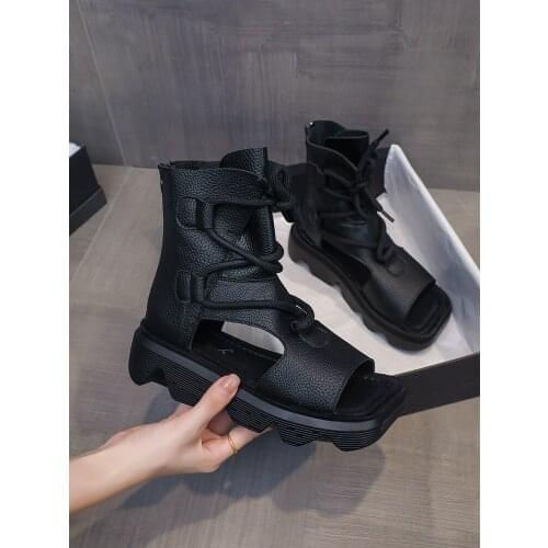 Mid-Calf Strap Sandals Straps Flat Summer Shoes Woman Suit Female Beige Clogs With Heel Med Lace Up Without 2021 Outside Black G