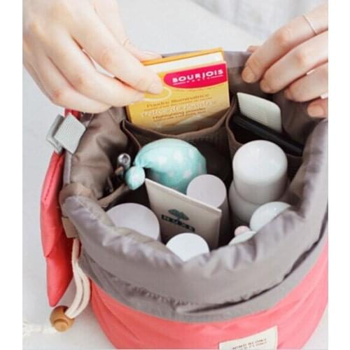 Travel Cosmetic Bag Wash Bags Fashion Girl Make Up Organizer Pouch Storage Holder Case High Capacity Barrel Shaped Drawstring
