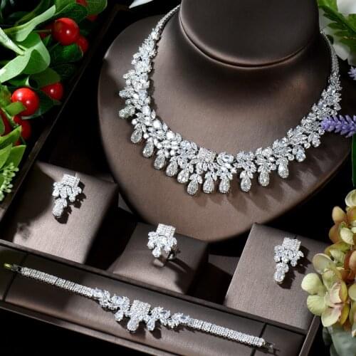 HIBRIDE Exclusive Necklace Earring Ring Bracelet Set Women Bridal Accessories Gifts CZ Wedding Ornament collier mariage N-866