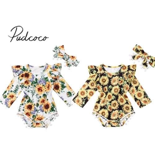 2019 Baby Spring Autumn Clothing Newborn Kid Baby Girl 0-24M Sunflower Bodysuits Ruffle Long Sleeve Jumpsuits+Headband Outfit