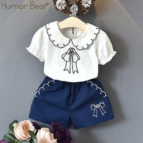 Humor Bear Baby Girls Clothing Set Summer New Sweet Bow Short-sleeved T-shirt+Shorts Kids 2PCS Suit Baby Kids Girl Clothes