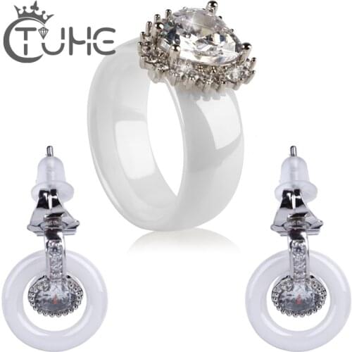 2018 Elegant Big Crystal Bridal Jewelry Sets Silver Color Ceramic Stud Earrings Big Carat Heart Rings Sets Wedding Jewelry Gift