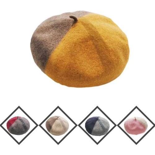 Korean Wool Color Patchwork Retro Beret Hat Female Fashion Autumn Winter Warm Walking Cap Painter Female
