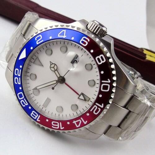 40MM White Sterile Dial Sapphire Glass Date Luminous Red Blue Bezel Steel Deployment Bracelet GMT Automatic Movement Mens Watch