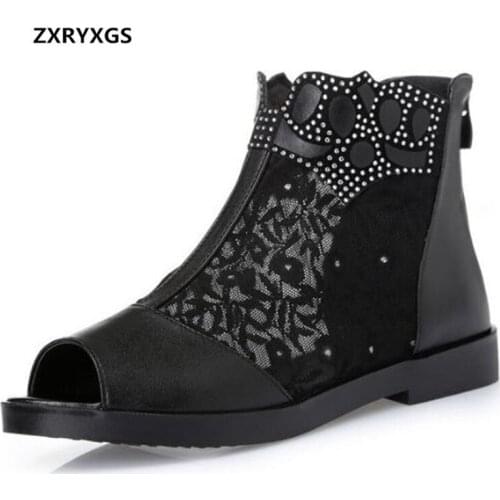 2019 New Summer Sandals Women Boots Lace Rhinestone Mesh Breathable Real Leather Shoes Comfort Plus Size Non-slip Flat Sandals