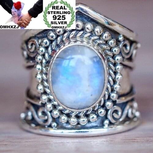 OMHXZJ Wholesale European Fashion Woman Man Party Wedding Gift Silver Vintage Moonstone Black Agate Turquoise Taiyin Ring RR323