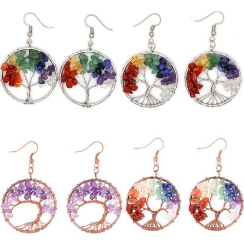 Tree of Life Women Drop Earrings Round Natural Chip Gem Stone Opal Tiger Eye White Crystal Dangle Hook Earring 7 Chakra Jewelry