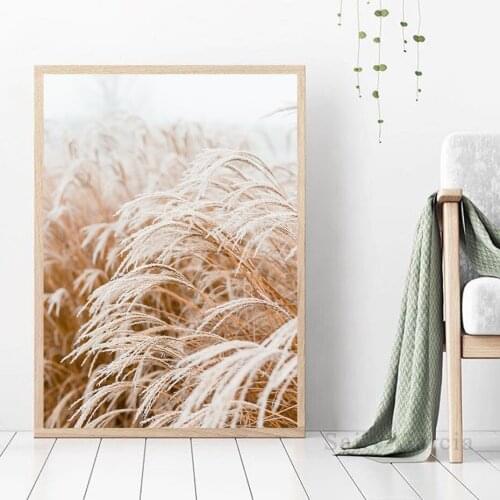 Dry Reeds Boho Style Wall Art Print Frosted Pampas Grass on a Blurry Bokeh Canvas Painting Poster for Living Room Home Decor