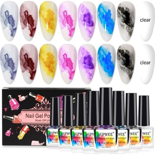 Supwee 8pcs/Set Blooming Nail Gel Watercolor Ink Smoke Effect Gel Varnish Soak off Transfer Color Blossom Nails For Nail Design