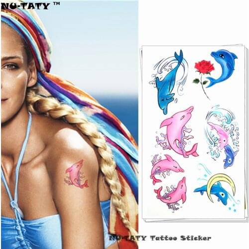Nu-TATY Blue Pink Dolphin Temporary Tattoo Body Art Arm Flash Tattoo Stickers 17*10cm Waterproof Fake Henna Painless Tattoo