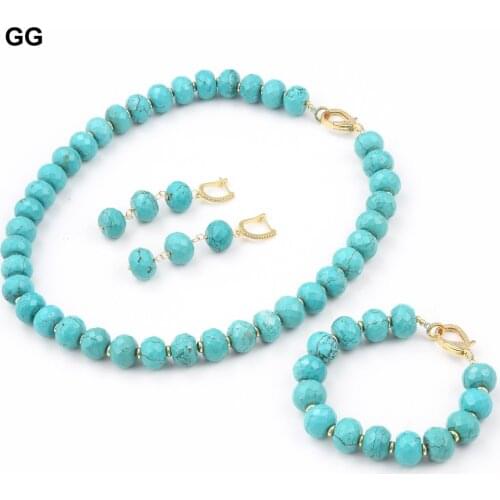 GuaiGuai Jewelry Blue Faceted Turquoises Gems Stone Gold Color Plated CZ Clasp Necklace Bracelet Earrings Sets For Women