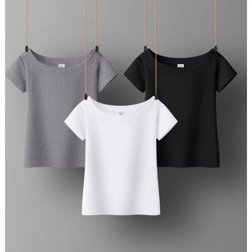 Women Soft Cotton T-shirt Slash Collar Solid color Lady Tees Short Sleeve Summer Womens clothings All match Female T-shirts