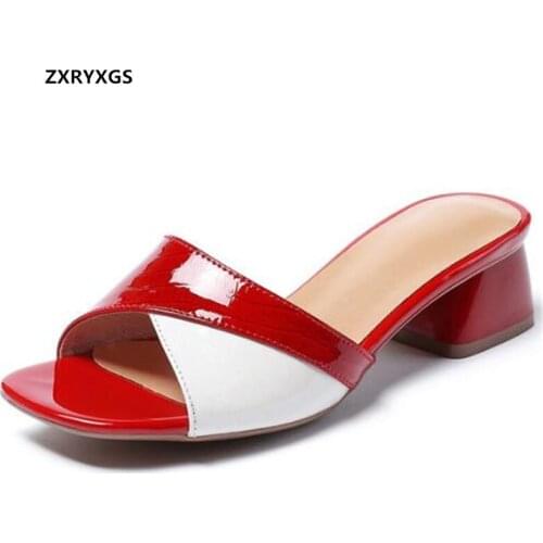 2021 New High Quality Cowhide Spell Colors Patent Leather Slippers Summer Women Sandals Big Size High Heel Shoes Fashion Sandals