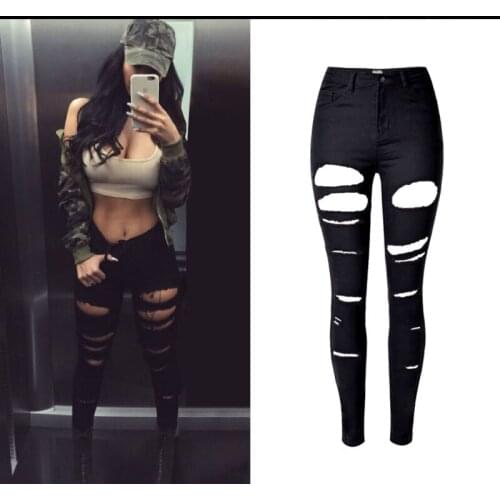 High Waist Woman Ripped For Chic Hole Denim Pants Mujer Oversize Women Black Skinny Jeans