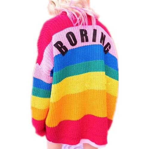Runway Womens Sweater Kawaii Ulzzang Rainbow Striped Cardigan Embroidery Letters Knitted Female Harajuku Sweaters For Women