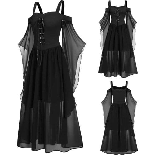 Gothic Halloween Long Dress Womne Off The Shoulder Butterfly Sleeve Lace Up Party Dress Vintage Elegant Ladies Dresses Robe