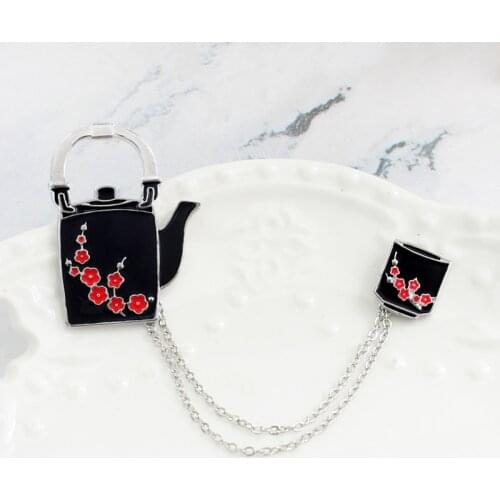 2pcs /set black plum teapot cup brooch Black Tea Set Tool enamel Pin red plum branch brooch Pin jewelry gift for friends