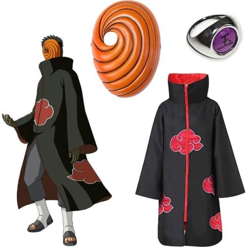 3pcs Akatsuki Uchiha Tobi Obito Anime Japanese Ninja Cosplay Costume Accessories Props Red Cloud Cloak Halloween Mask Ring Suit