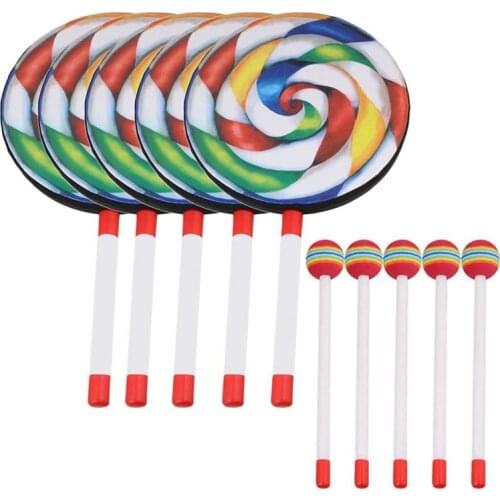 5Pack 8Inch Lollipop Drum with Mallet Rainbow Color Music Rhythm Instruments Kids Baby Children Playing Toy