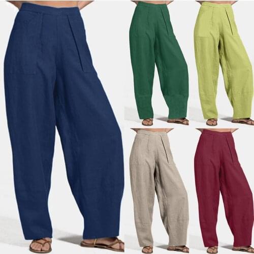 Women‘s Casual Solid Pants Color Stitching Loose Pocket Cotton Linen Casual Pant Comfy Simple Elegant Pant Pantalon Dropshipping