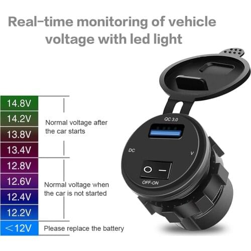 QC 3.0 Fast Charging Motor USB Charger 18W Phone with Switch LED Voltmeter Voltage Display Vehicle DC12V-24V Waterproof