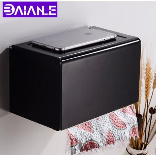 Toilet Paper Holder Box with Shelf Creative Aluminum Black Paper Towel Holder Decorative Bathroom Roll Paper Holder Wall Mounted