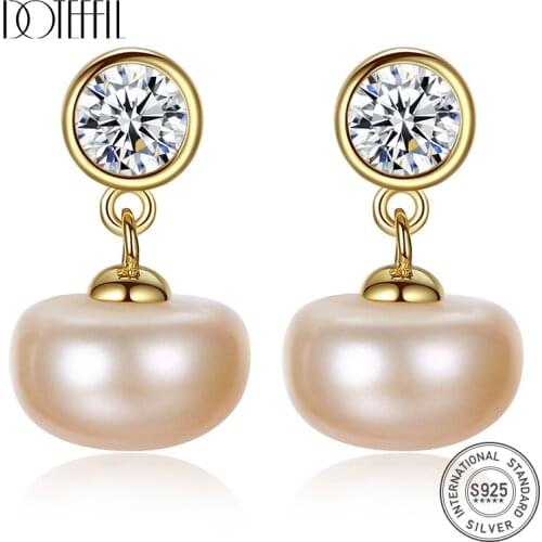 DOTEFFIL 10mm Black/White/Pink/Purple Pearl 925 Silver AAA Zircon Earrings For Women Wedding Engagement Charm Jewelry