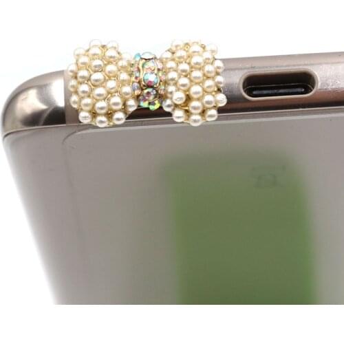Elegance Fashion Style Small Pearl With Diamond Bow Design Mobile Phone Ear Cap Dust Plug For Iphone Samsung 3.5mmDustPlug