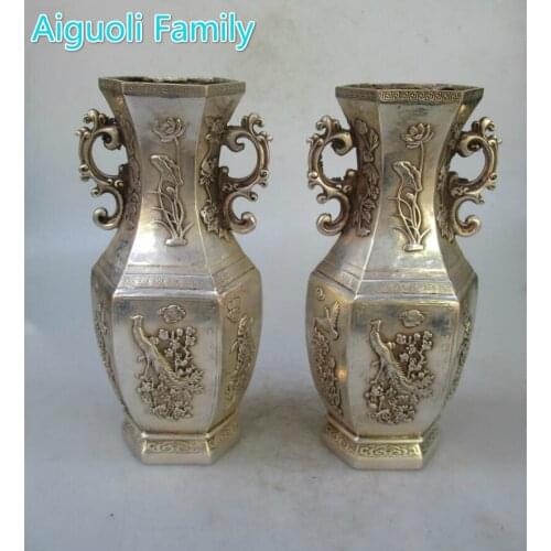 Collectible 1 Pair of Chinese Ming/Qing Dynasty Decorated Old Handmade Tibet Silver Flower Bird Vase/Antique Metal Vase 002