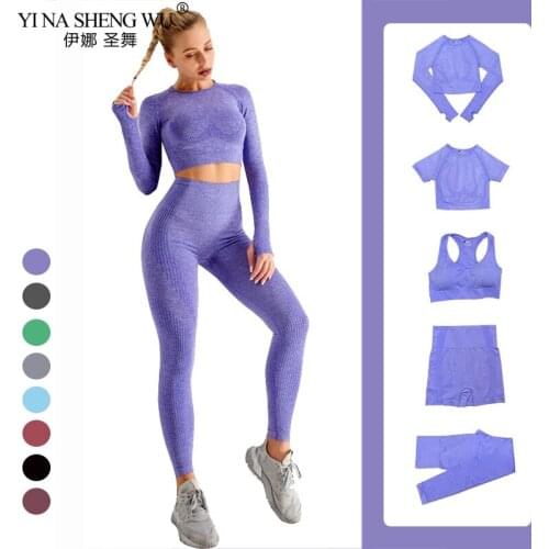 2/3/5PCS Seamless Women Yoga Set Workout Sportswear Gym Clothing Fitness Long Sleeve Crop Tops High Waist Leggings Sports Pants