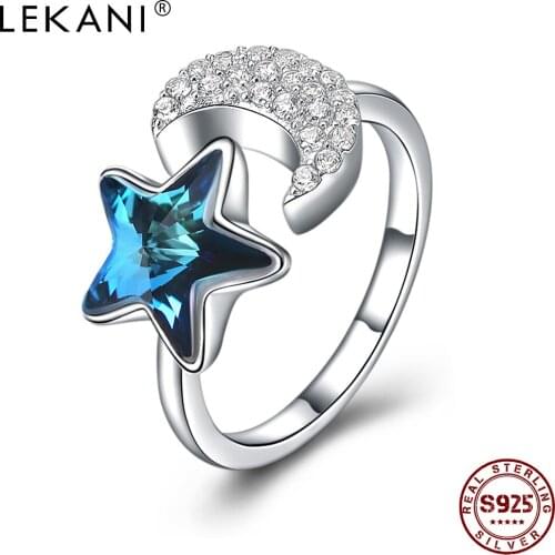 LEKANI Rings For Women 925 Sterling Silver Opening Adjustable Shining Moon With Blue Star Ring Fine Jewelry Anniversary Gift