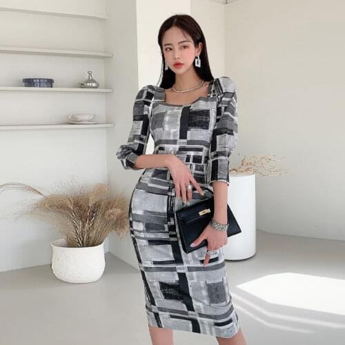 Fashion Korean Womens Dress Elegant Party Dresses Sexy Slash Neck Pencil Bodycon Dress Haft Sleeve Casual Vestidoes For Female