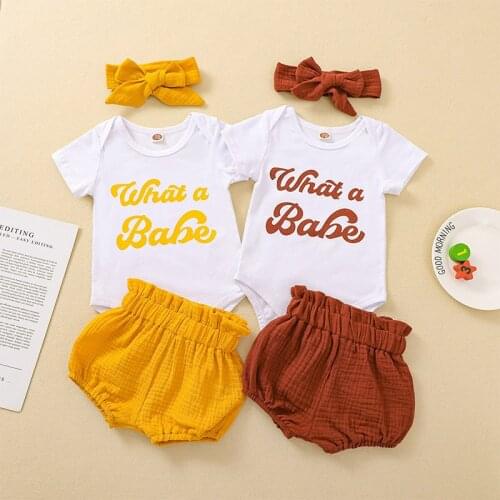 Fashion 2021 Summer Newborn Baby Girl Clothes Set Letter printing Romper Cotton and linen shorts Headband Infant Clothing Suit