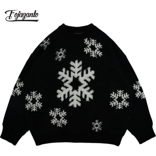 FOJAGANTO Autumn Mens Sweaters Korean Loose Snowflake Jacquard Couple Pullover High Street Harajuku Casual Knit Sweater Male
