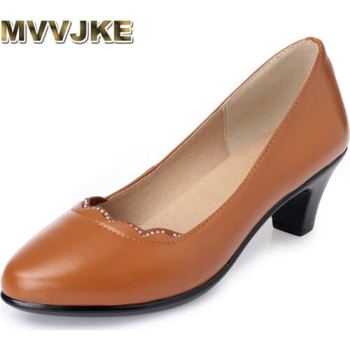MVVJKE Spring Autumn Med High Heels Women Pumps Genuine Cow Leather Shallow Ladies office Shoes Dress Shoes Big Size 43 E173