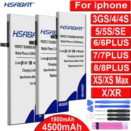 HSABAT 100% New Battery for iPhone X XS XR 3GS SE 4 4S 5 5S 5C 6 6S 7 7S 8 8S for iphone 6S plus/7 Plus/8 Plus / XS MAX