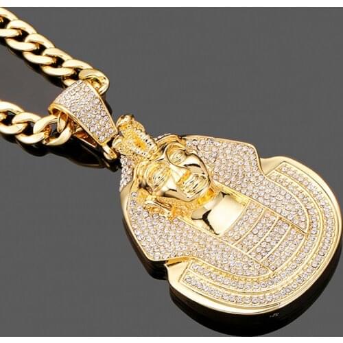 Hip Hop Big Pharaoh Head Pendant Necklace Iced Out Bling Rhinestone Pave Chain Necklace for Men Punk Charm Jewelry