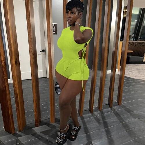 Sexy Fitness Solid Two Piece Set Womens Clothing 2021 Summer Drawstring Cut Out Irregular Top+skinny Short Party Clubwear New