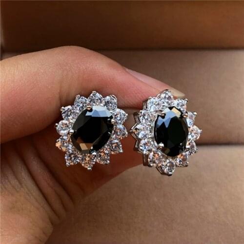 Luxury Female Black Oval Stone Stud Earrings Vintage Silver Color Wedding Jewelry White Blue Red Earrings For Women