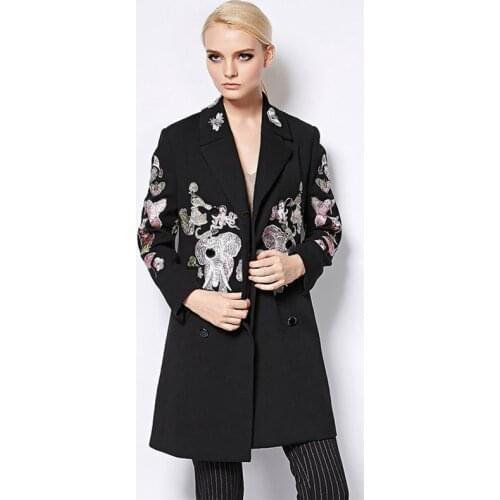 Woolen Coats 2020 Autumn - Winter New Turn-Down Collar Vintage Full Sleeve Zoo Elephant Embroidery Black Punk Long Coat