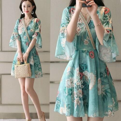 Chiffton Waist Thin Floral Print Half Trumpet Sleeve V-neck A-line Folds Patchwork Fashion Elegant Holiday Summer Dress