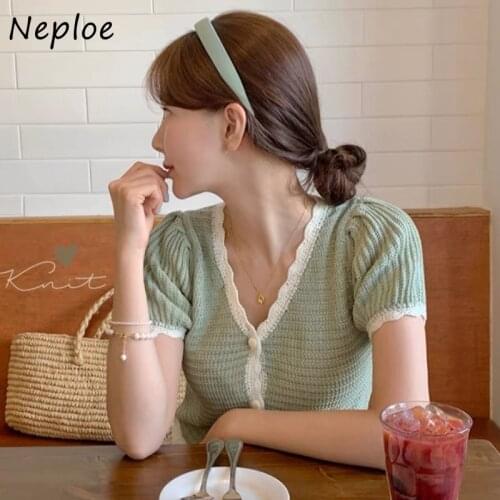 Neploe Chic Summer Contrast Color Knitted Tshirts Korean Puff Sleeve V-neck Graphic Tee 2021 New Slim Sweet Cardigan Top 6J537