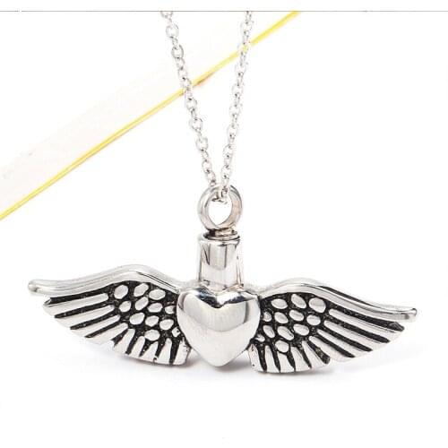 Urns Pet Ashes AngelS Wings Pendant Heart Of Feathers Necklace Mini Funeral Urn Stainless Steel Perfume Essential Oil Bottle